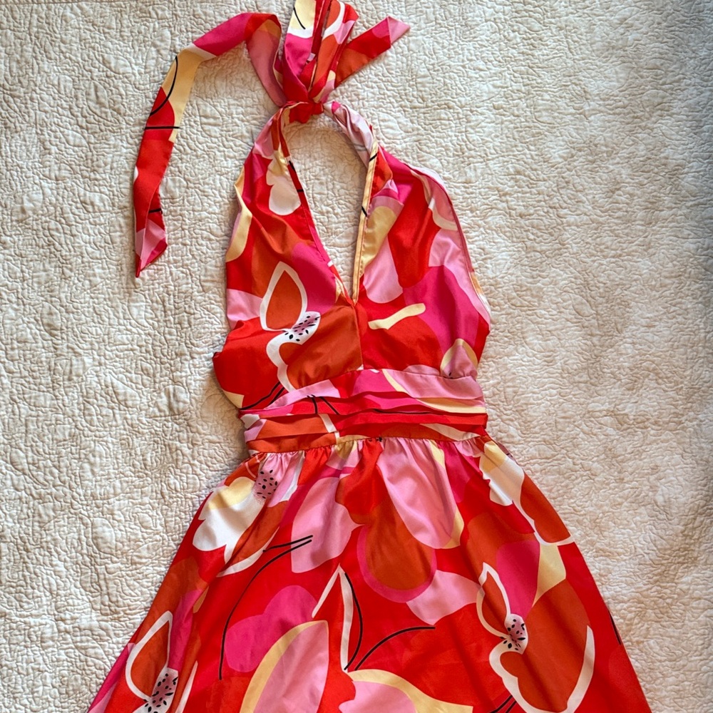 SHEIN Red and Pink Floral Halter Maxi Dress